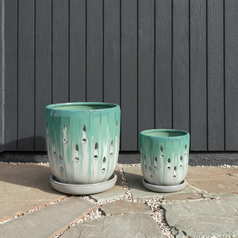 Ensemble de 2 pots de fleurs en céramique avec trou de drainage; pot à fleurs moderne, Vert