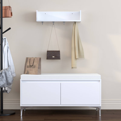 Ensemble de tablette de hall d'entrée murale avec crochets et banc de rangement, armoire à chaussures blanche moderne avec coussin et rangement fermé