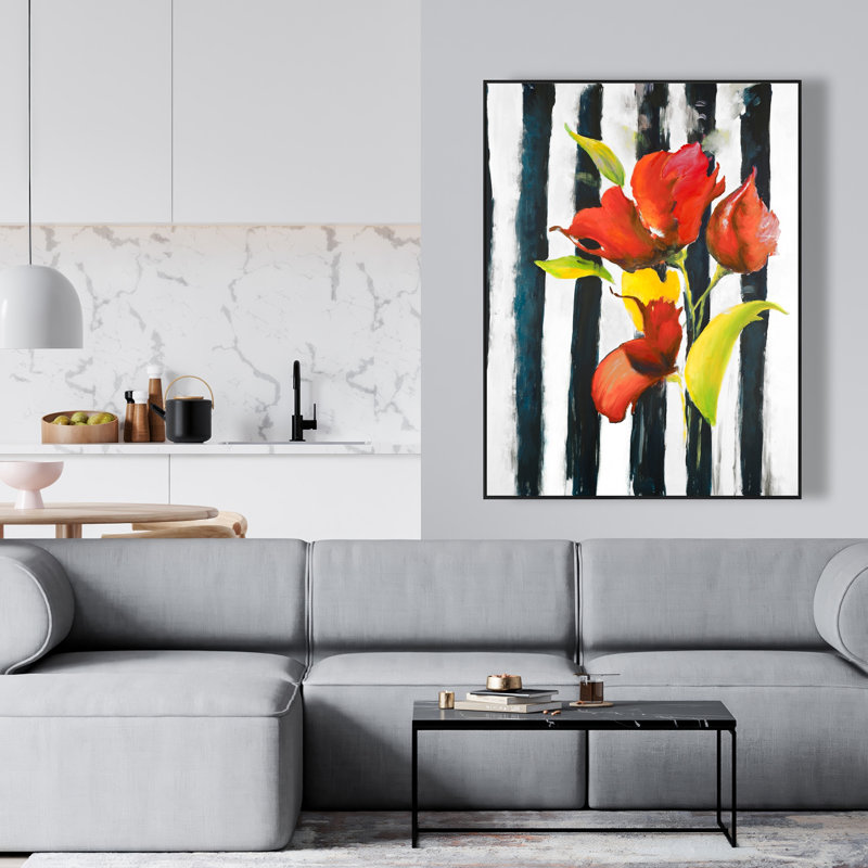 Fleurs sur rayures noires et blanches - Art sur toile encadrée