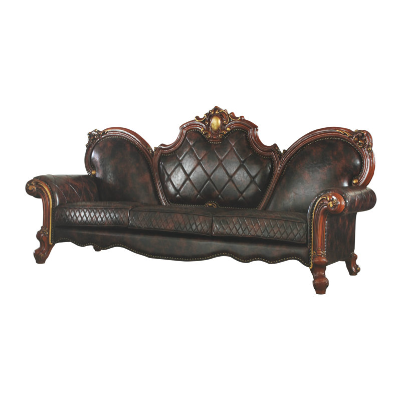 110'' Vintage Cherry Oak Faux Leather Tufted Sofa