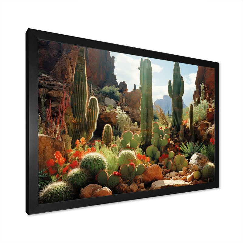 Cactus vert en fleurs au Nevada - Art mural floral cactus, Cadre d'angle fermé noir, H 12 po x l 20 po x P 1 po