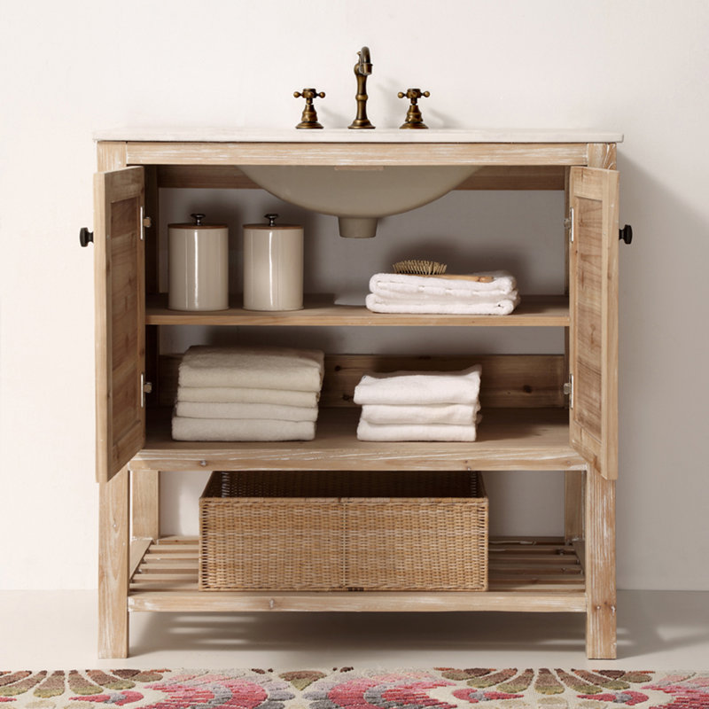 36" Freestanding Farmhouse Bathroom Vanity, Solid Wood Rattan Cabinet, Carrara White Marble Top, Single Sink