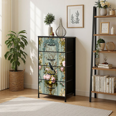 4 Drawer Vertical Storage Dresser Vintage Victorian pastel floral wall Baroque wall Rococo painting Bird with Wood Top Fabric Pull Drawers