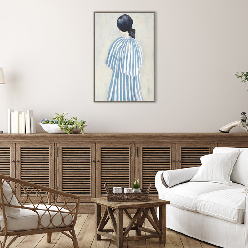 Blue Striped Dress Contemplative Woman Framed Canvas Art Print