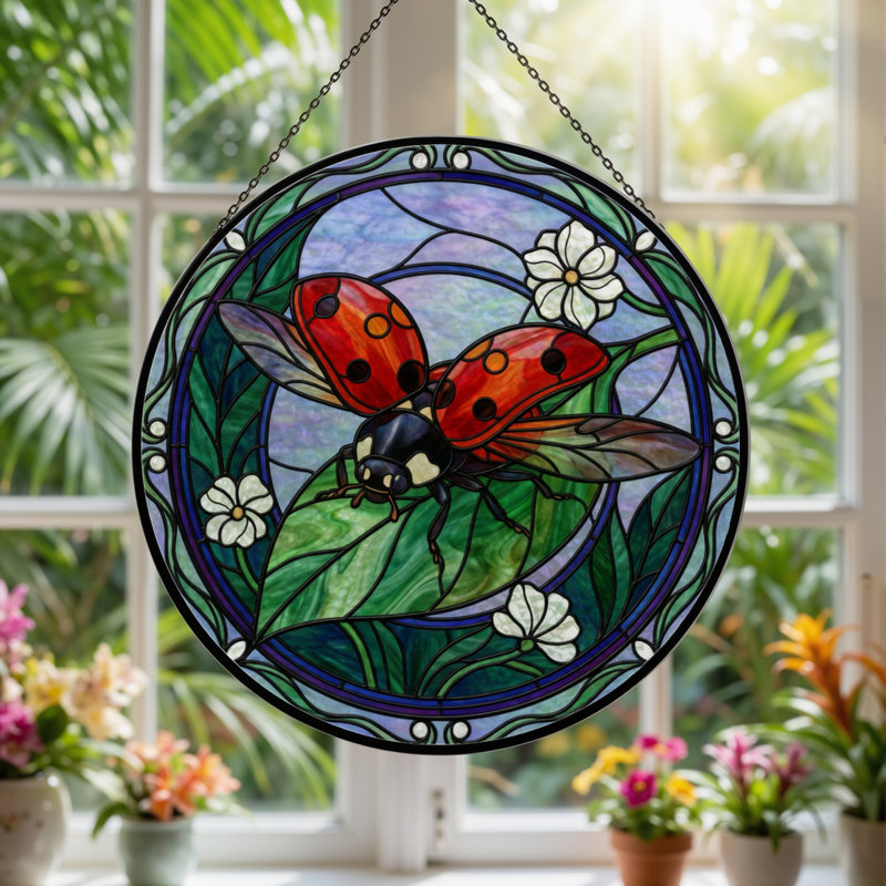 7.8"H Ladybug Flower Stained Glass Window Panel, 7.8" H x 7.8" W