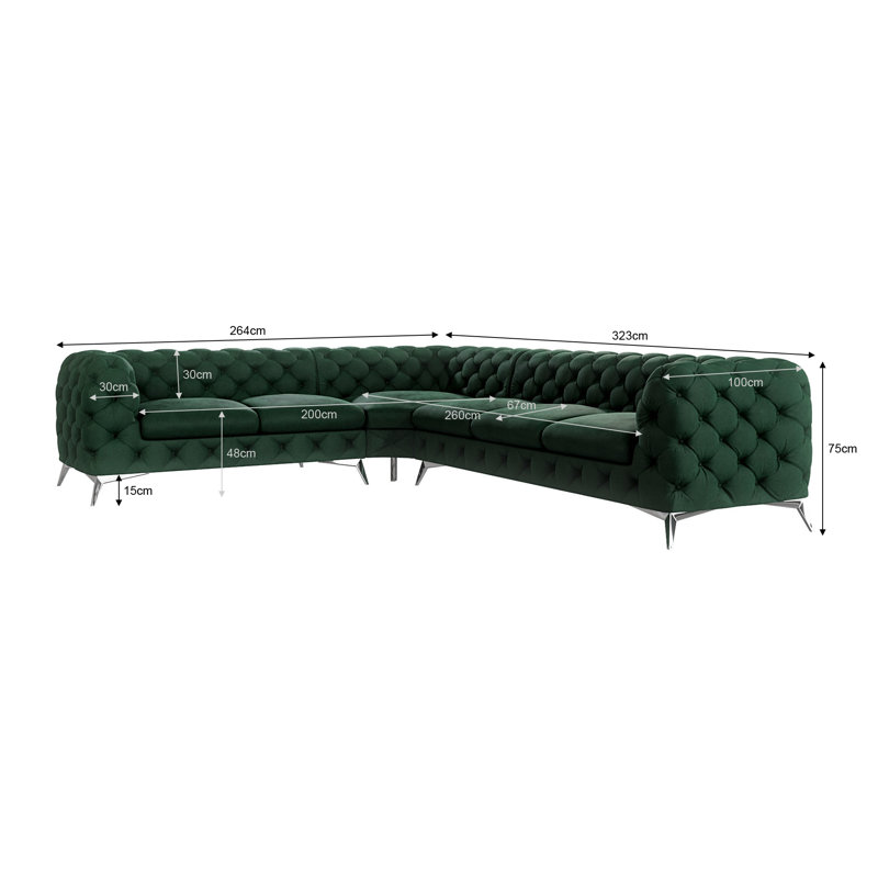 Chesterfield Corner Sofa L-Shape Bixby with Silver Metal Legs, Right Hand Facing, Bottle Green