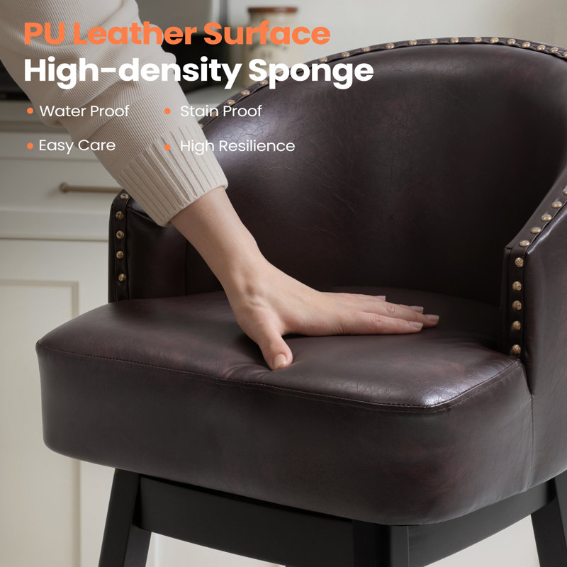 Swivel 26.4'' Faux Leather Counter Stool with Solid Wood Legs, Blue Gray, Counter Stool (26.4" Seat Height)