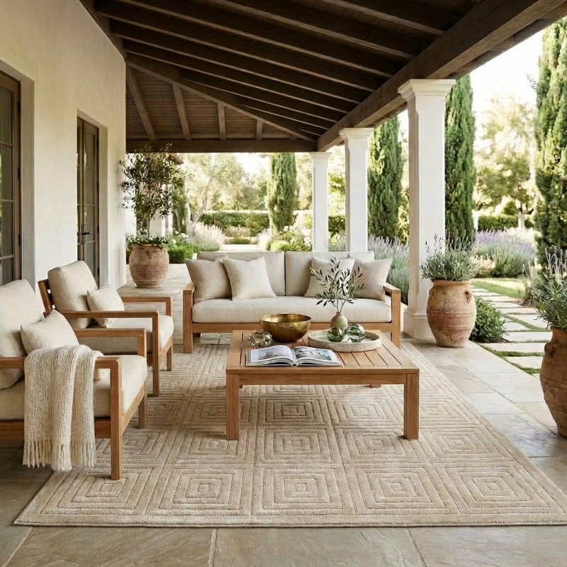 Michella Performance Transitional Modern Geometric Greek Key Beige Indoor/Outdoor Rug, Rectangle 5' x 7'