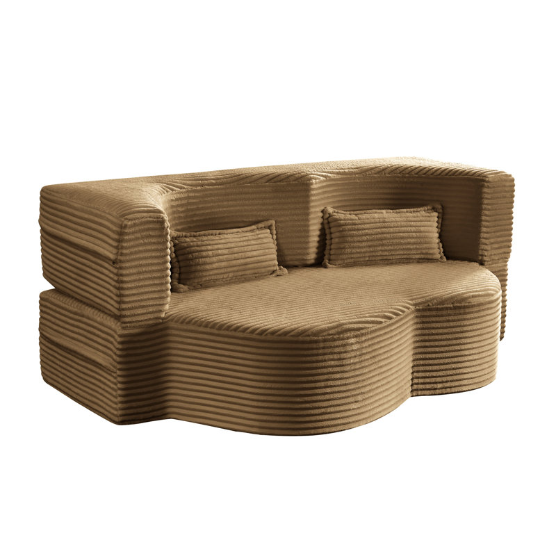 Lit double en velours côtelé pliant pour lit double avec deux coussins, peu encombrant pour les petits appartements, Camel