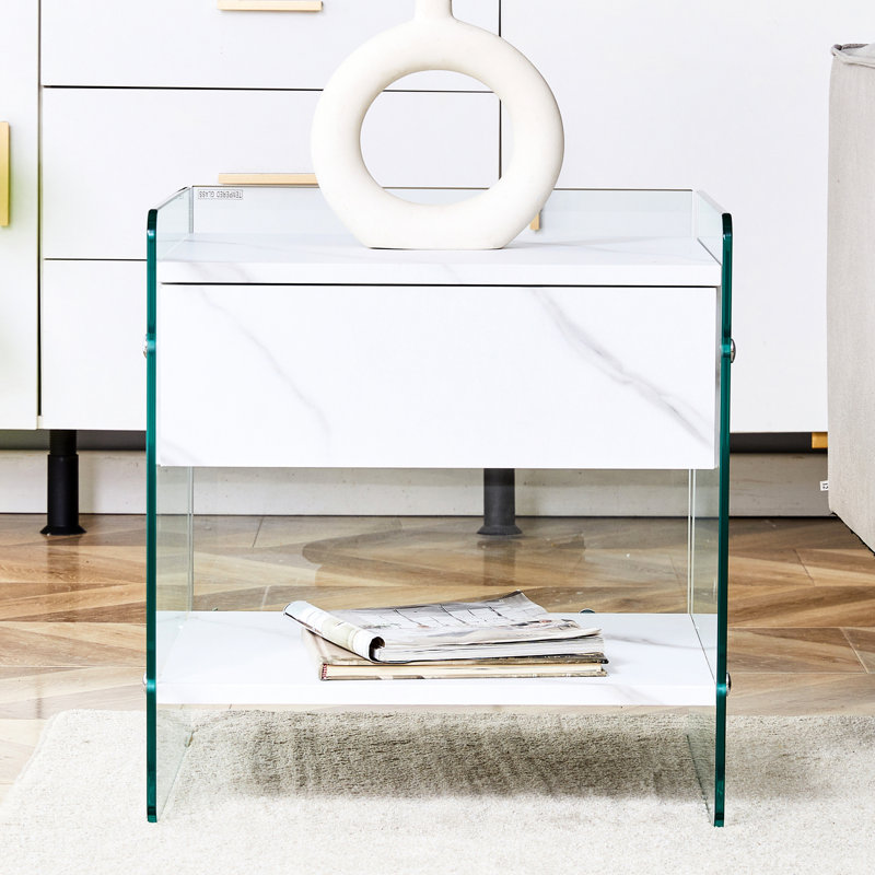 Table de chevet avec fonction de tiroir - plateau de table, verre transparent des deux côtés, et pour le quotidien, différentes options de placement dans la maison à surface lisse grain blanc, structure, utilisation quotidienne stable, convenable