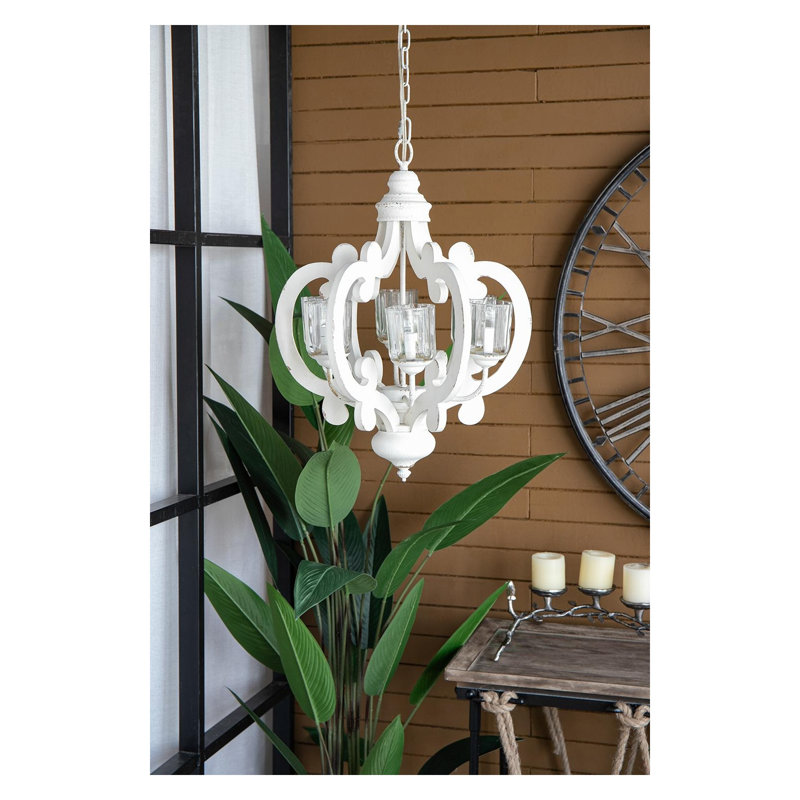 Lustre 6 lumières en bois aggloméré blanc antique sculpté avec abat-jour en verre transparent