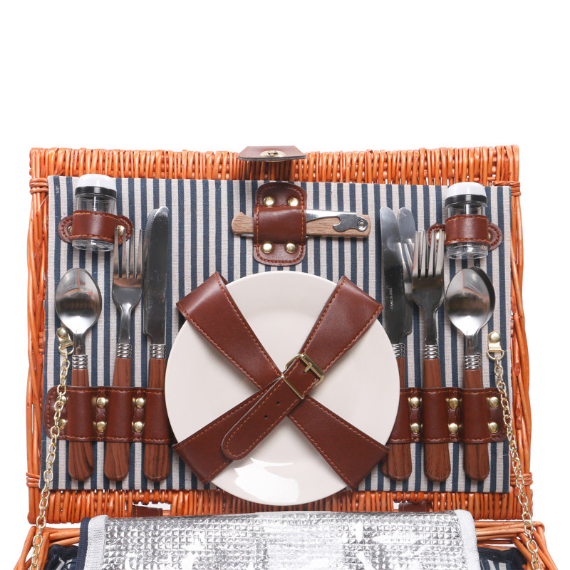 Panier pour pique-nique en osier d'extérieur pour 4 personnes avec ustensiles à compartiments isolés, Blanc / Gris