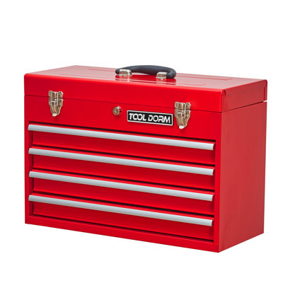 Metal Toolbox With 4 Drawers, Portable Steel Toolbox With Metal Cylinder Lock And Latch, Lining, Black And Red Two-Tone Powder Coating For Garage, Warehouse And Outdoor Repair Work