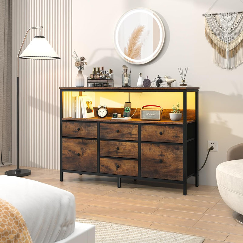 Tv Stand Dresser For Bedroom, 7 Fabric Drawers Entertainment Center, Led Dressers With Power Outlets, Brown