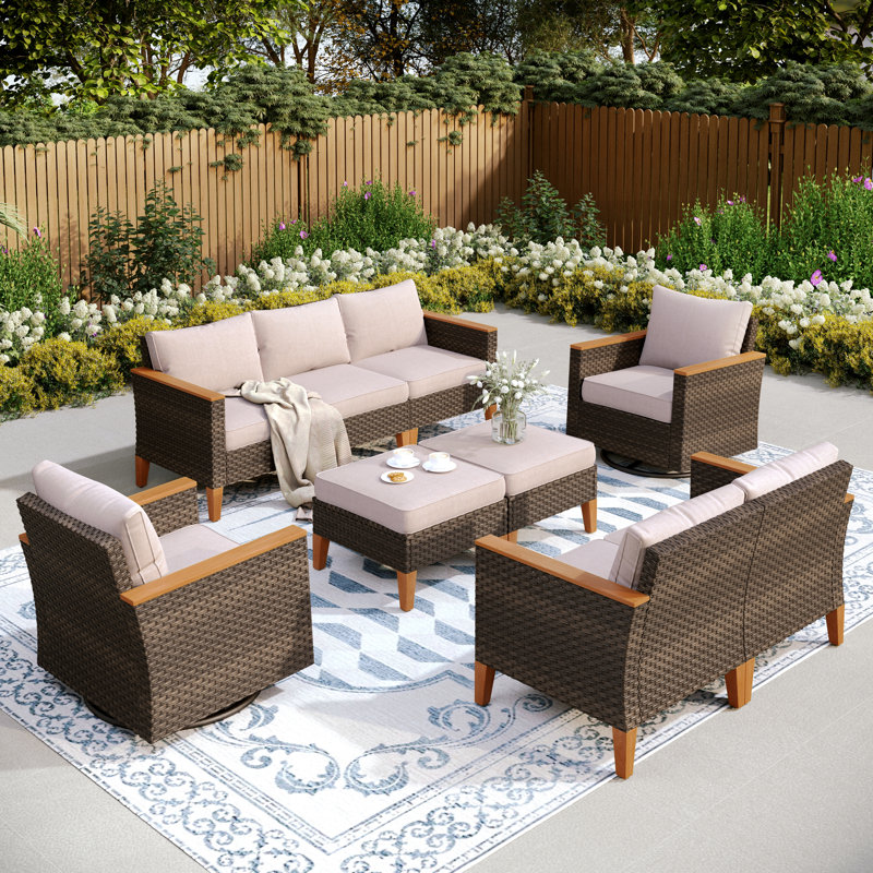 Argyri Outdoor Wicker Patio Conversation Furniture Set With Swivel Chairs And Firepit Table, No