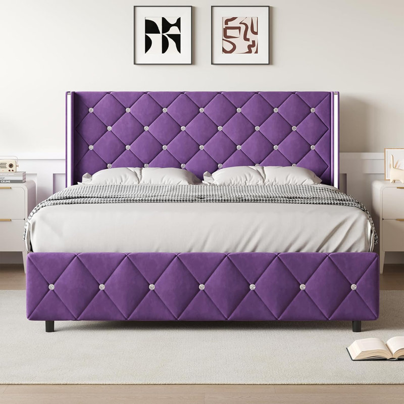 Alber Upholstered Bed Frame With Diamond Tufted Headboard, Modern Wingback, No Box Spring Needed, Queen, Purple