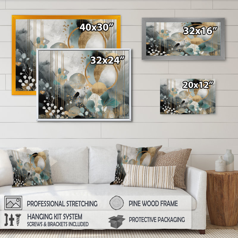 Fleur dorée bleue dorée I - Floral Wall Art Living Room, Cadre photo noir, H 12 po x l 20 po