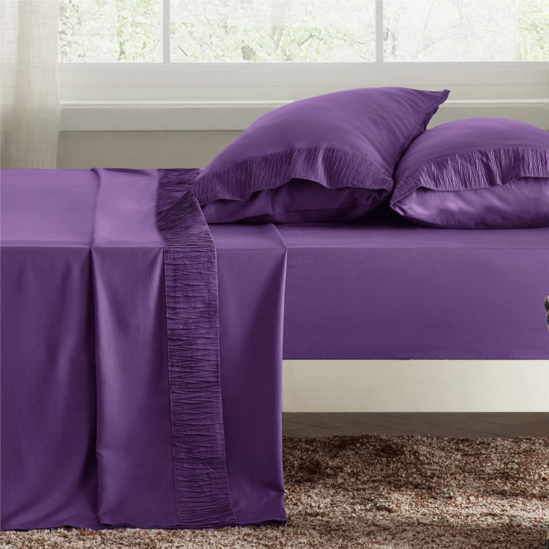 Ensemble de draps de luxe en microfibre de literie Hotel, Mauve, Ensemble de draps pour grand lit avec 2 taies d'or
