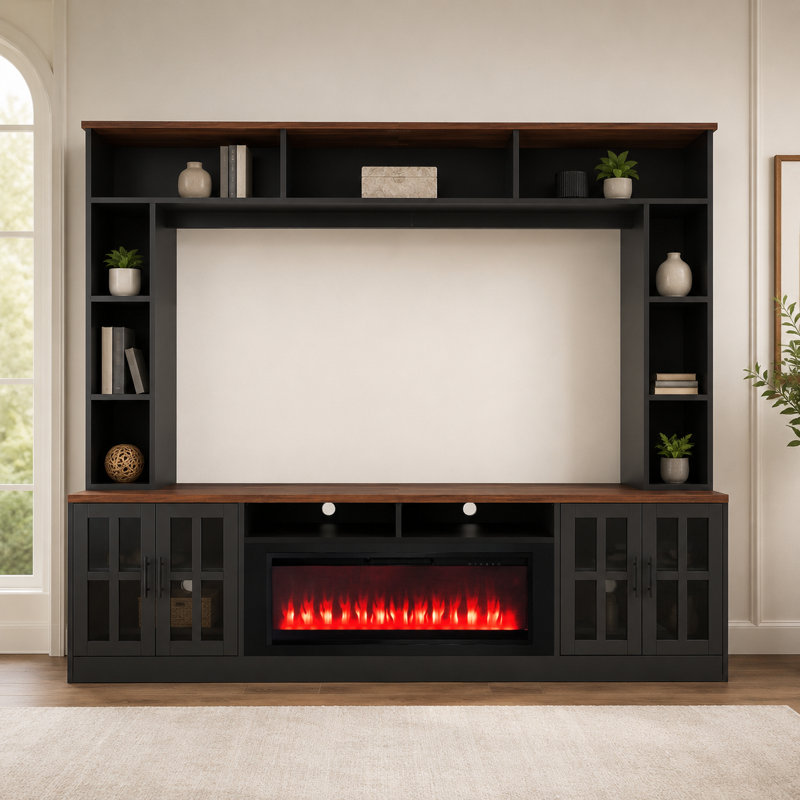 Meuble audio-vidéo mural en forme de W noir de 95,5 po pour téléviseur de 80 po avec foyer électrique et tablettes réglables