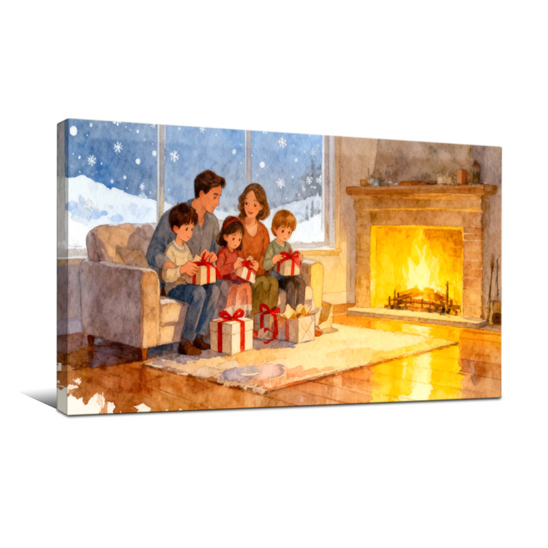 Famille de Noël se rassemblant autour d'une cheminée avec des cadeaux, H 20 po x l 40 po