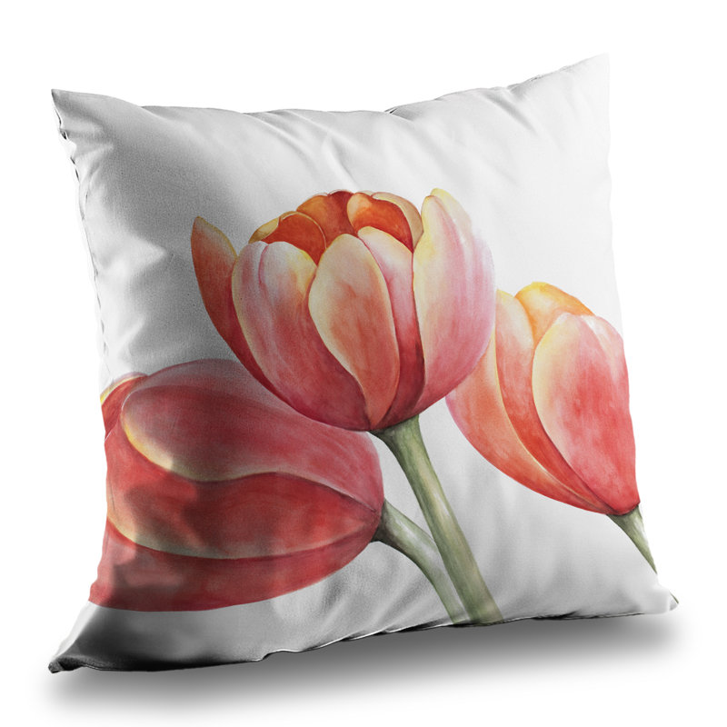 Three Tulips Closeup Floral Poly Twill Throw Pillow – Poly Twill Throw Pillow with Insert, Double-Sided Print