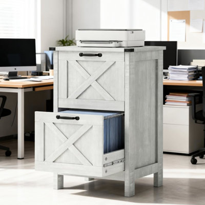 Armoire de bureau avec deux tiroirs pour documents de format A4 et lettre, aspect gris vieilli, porte de grange, glissières de tiroir lisses, dispositif de basculement, classeur à placage réglable