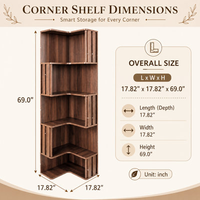Étagère d'angle autoportante en forme de L à 5 niveaux avec cloisons cannelées, tablette de rangement d'angle pour salon, chambre, cuisine et bureau à domicile