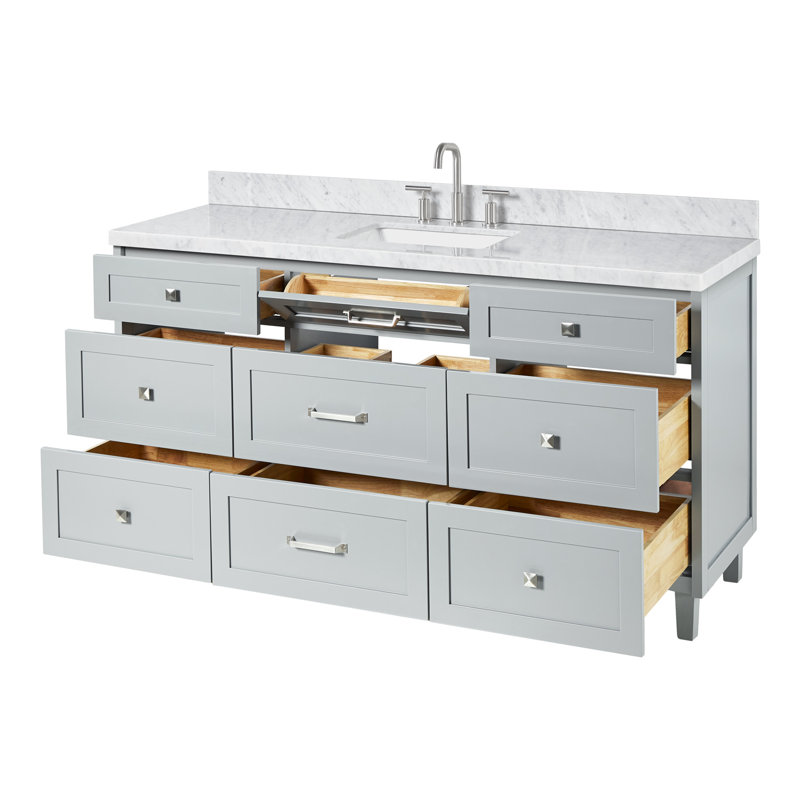 Meuble-lavabo ARIEL Monroe de 43 po en bois massif gris avec un comptoir en marbre de Carrare italien de 1,5 po et un lavabo rectangulaire centrale.