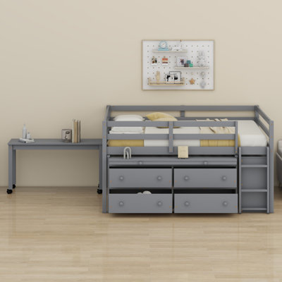 Loft Bed With Retractable Writing Desk And 4 Drawers, Loft Bed With Lateral Portable Desk And Shelves