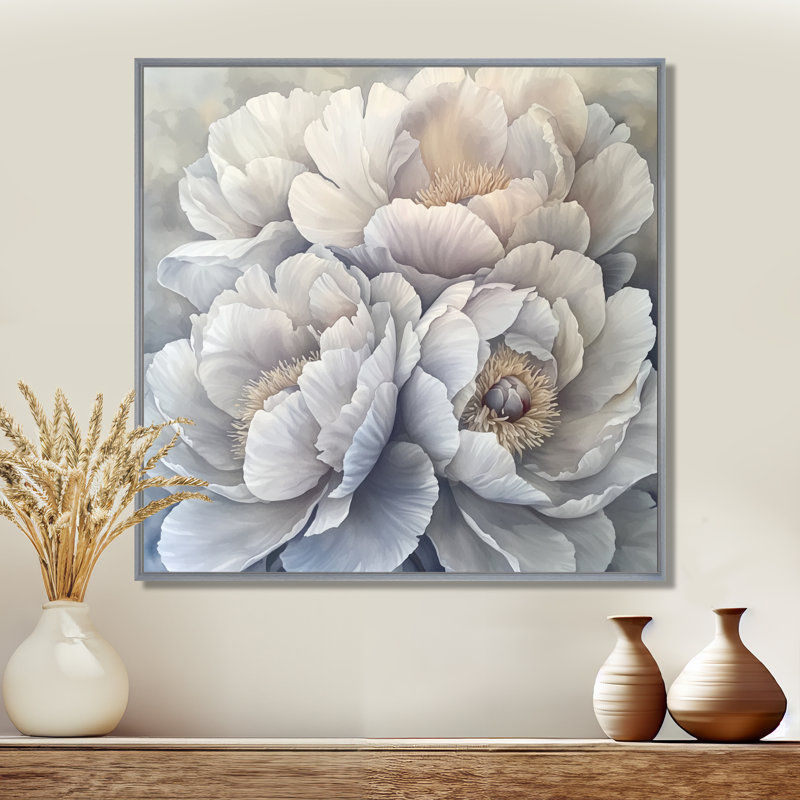 Fleurs givrées monochromes de pivoines II - pivoines, reproduction d'art sur toile, H 30 po x l 30 po, Argent argent
