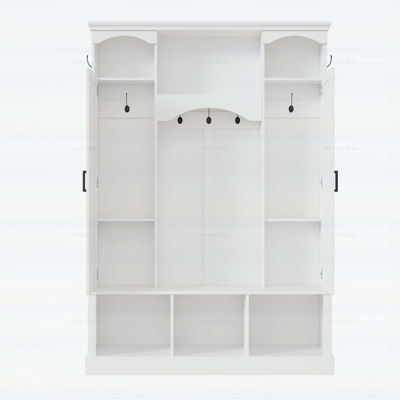 Classic All-in-One Hall Tree with Adjustable Shelves,Storage Bench with Dual Side Cabinets, White