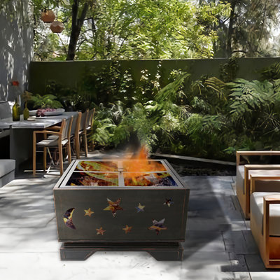 26 Inch Square Fire Pit With BBQ Grill Outdoor Wood Burning Firepit With Poker Large Burning Space Fireplace Outdoor Fireplace
