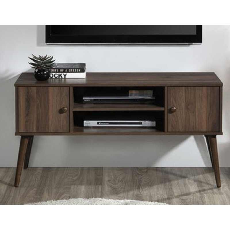 Meuble télé de style Mid-Century de 47 pouces pour téléviseurs de 50 à 55 pouces, 2 étagères, 2 placards, noyer foncé