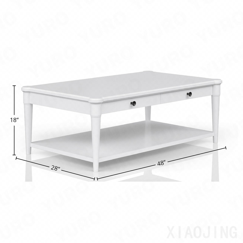 Table basse à finition blanche avec deux tiroirs et roulettes de rangement
