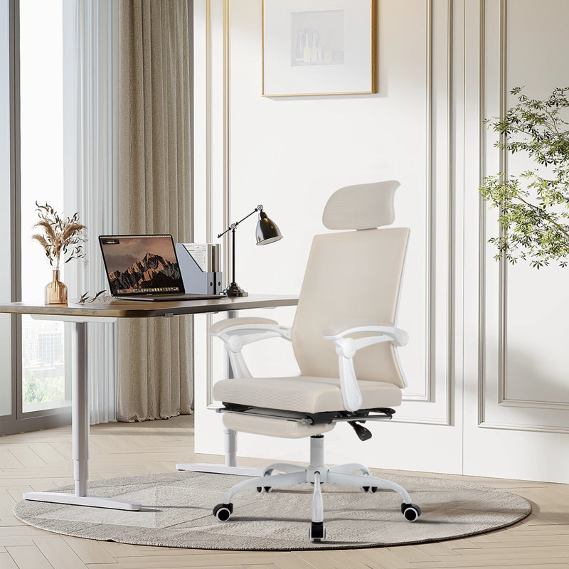 Makynlei High Back Ergonomic Mesh Office Chair with Adjustable Lumbar Support, Footrest and Headrest, Beige