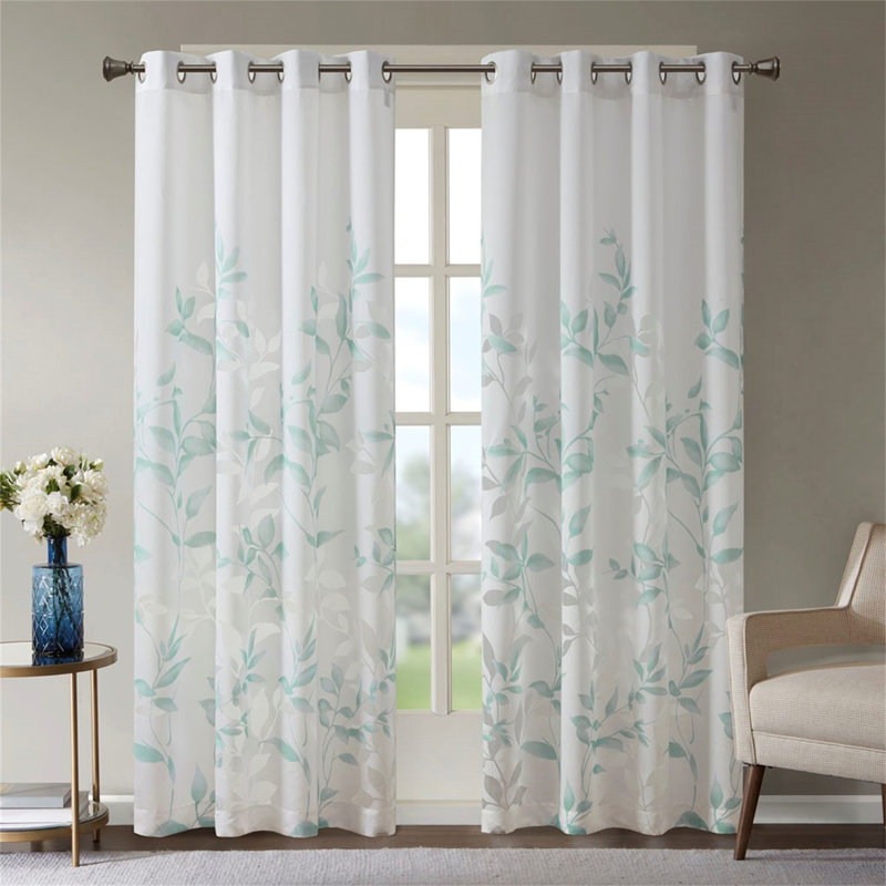 Paire de rideaux Burnout à motif botanique, L 50 po x L 95 po, Blanc / Bleu