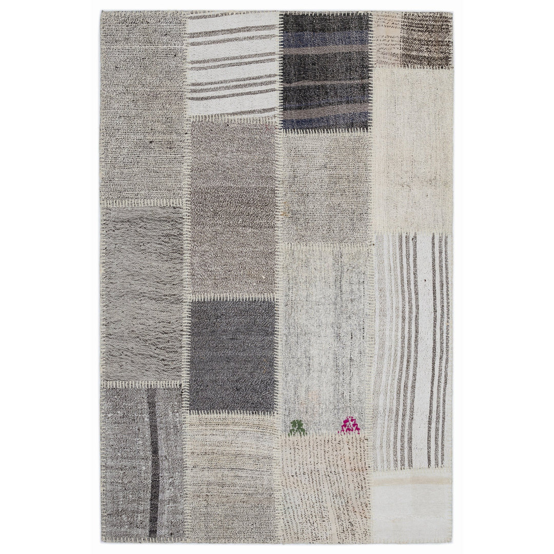 Teselya Beige Striped Wool Handmade Area Rug