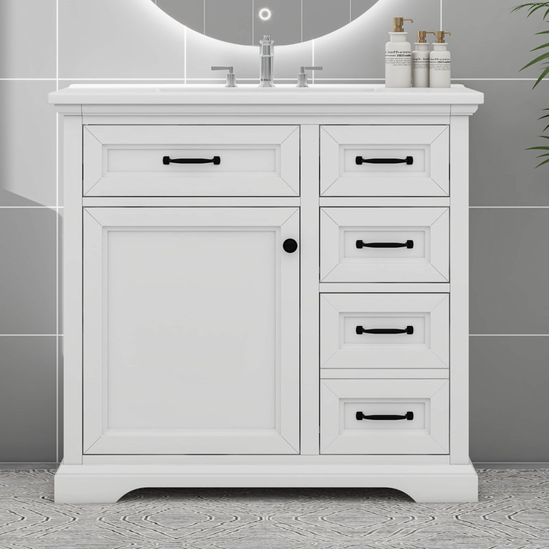 Meuble-lavabo 36 po avec lavabo, lavabo en céramique, 2 tiroirs basculants, Blanc