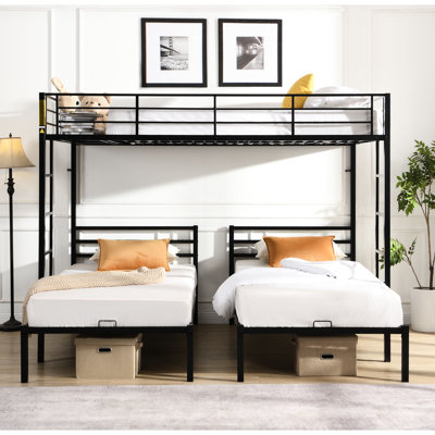 Lit superposé triple en métal noir avec rangement double au-dessus de simple, vertical, rail et rangement pour les chambres d'amis de Noël