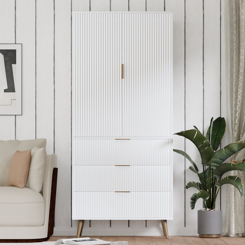Tall Storage Cabinet With Drawers And Adjustable Shelves, Fluted Panel Accent Cabinet With Gold Handles For Living Room, Kitchen, Or Entryway