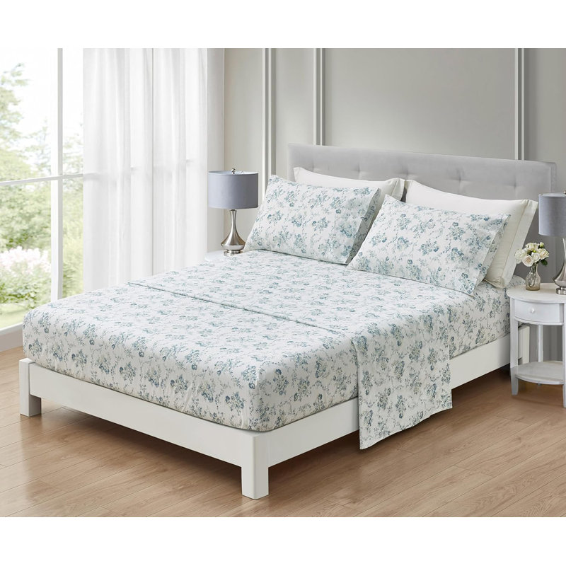 Gigi Elegant Floral Printed Cotton Bed Sheet Set, California King Sheet Set with 2 King Pillowcases