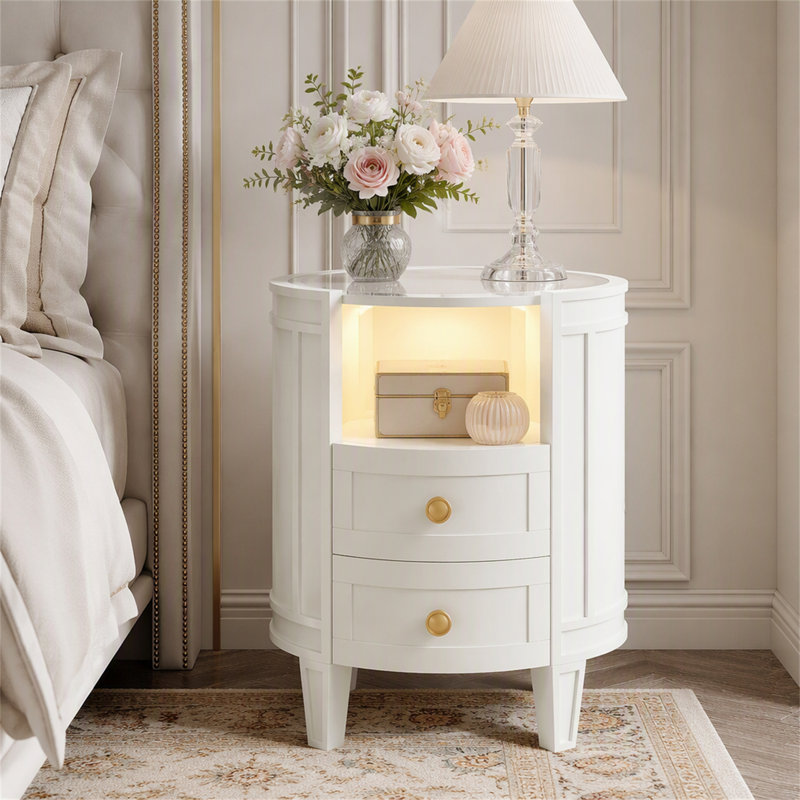 Table de chevet 2 tiroirs avec lumière DEL, table d'appoint moderne avec plateau en verre