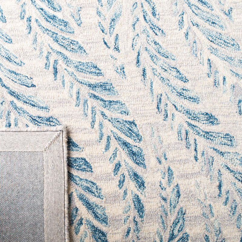 Ryleigh Abstract Handmade Tufted Area Rug in Ivory/Blue, Square 5'