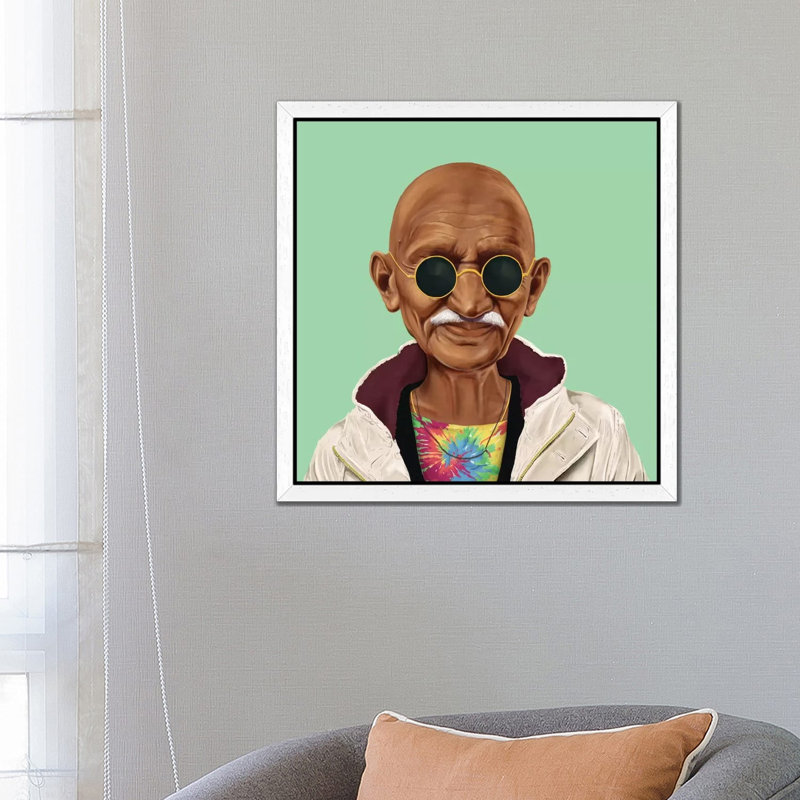 Mahatma Gandhi by Amit Shimoni - Floater Frame Print on Canvas, 66.04 cm H x 66.04 cm W, White Framed