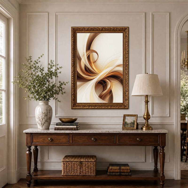 Tableau sur toile aux courbes tourbillonnantes or et beige, H 24 po x l 16 po