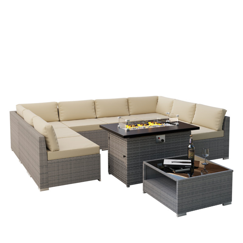Ensemble de conversation modulaire en rotin avec coussins 10 pièces Mauitsby, Beige