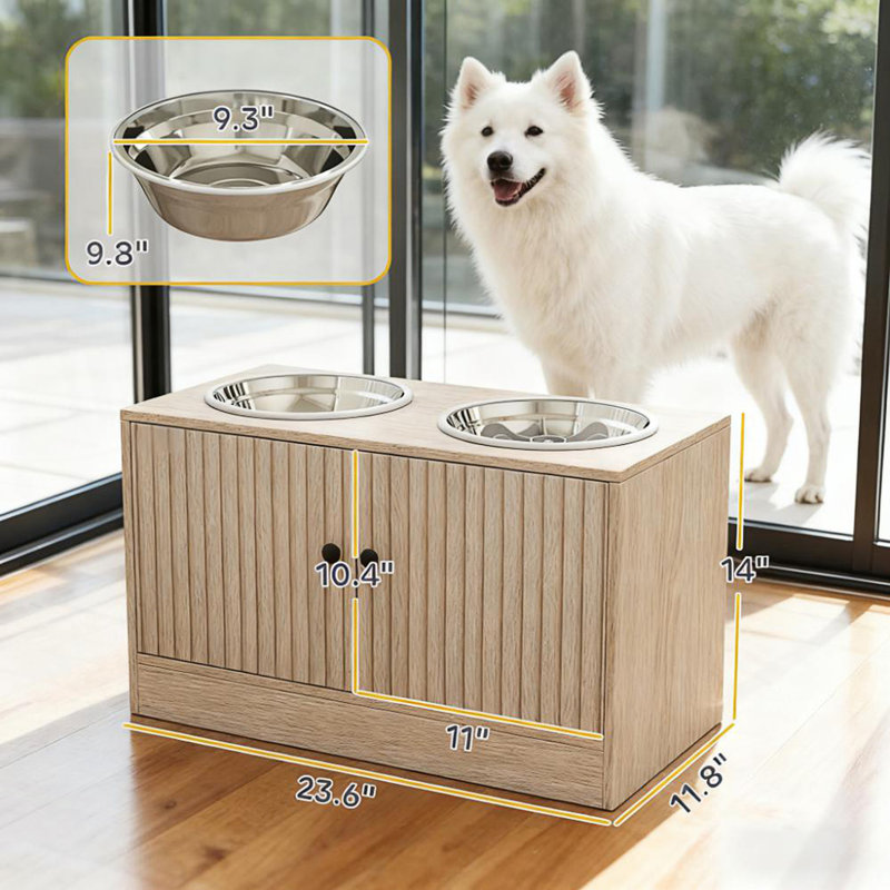 Armoire de rangement à 2 portes avec bols surélevés pour chien, armoire d'appoint