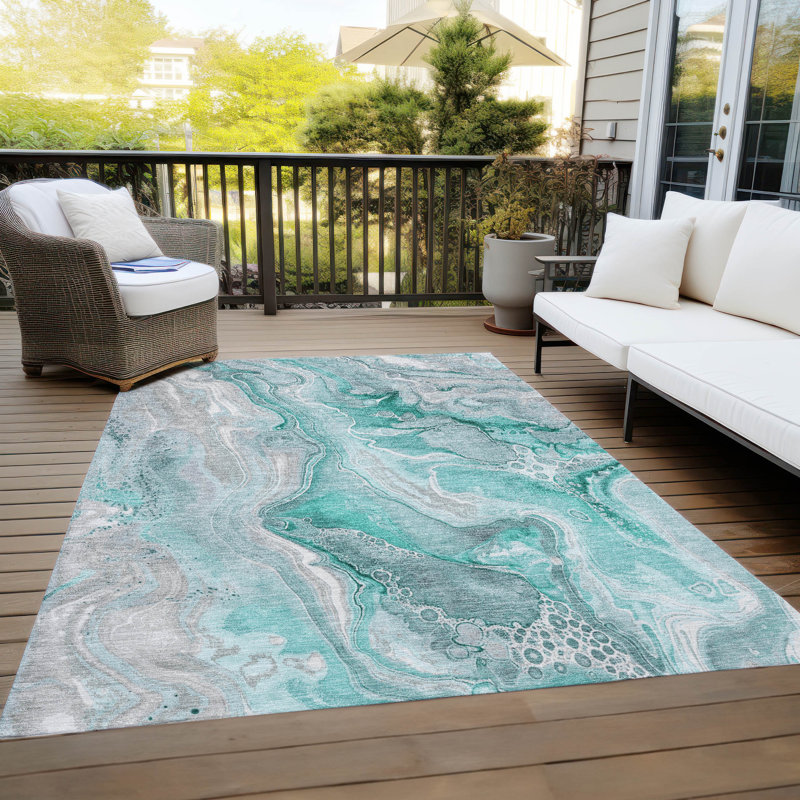 Machine Washable Indoor/Outdoor Cinead ACN1681 Teal Rug, Rectangle 10' x 14'