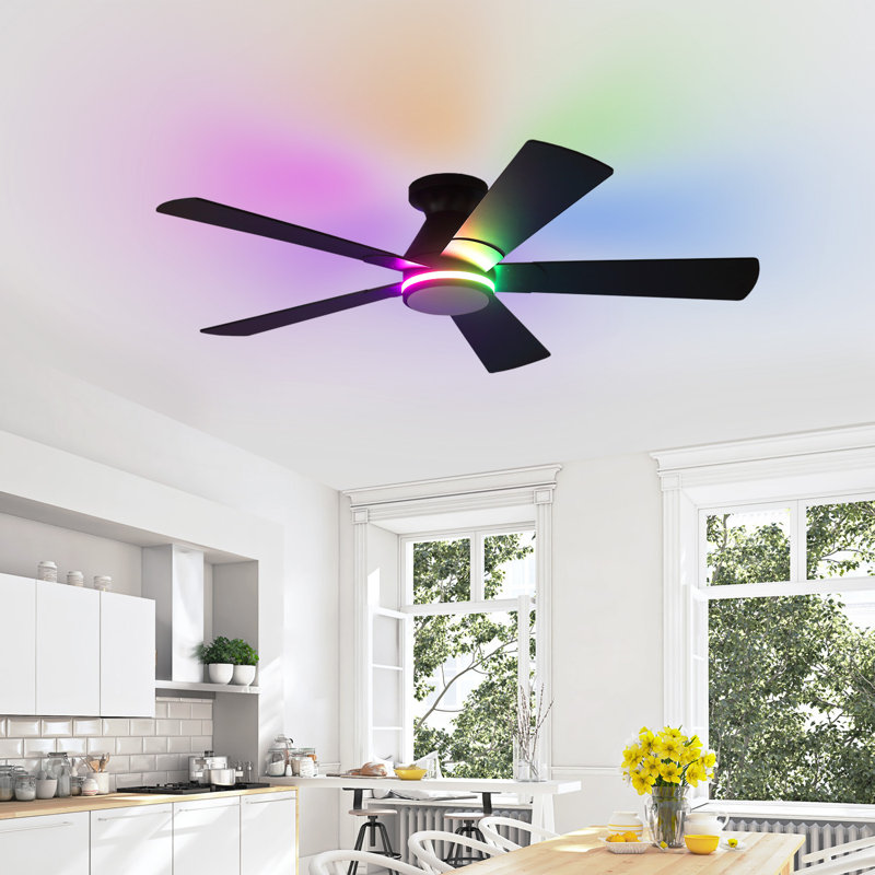 Ventilateurs de plafond encastrés à 52 pales de 52 po avec lumières et télécommande, 6 vitesses de vent et lumière de ventilateur moderne à profil bas réversible pour intérieur / extérieur couvert