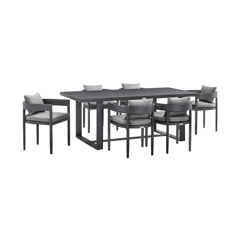 Ceion Outdoor Patio Rectangular Dining Table Set In Aluminum With Gray Cushions, 6